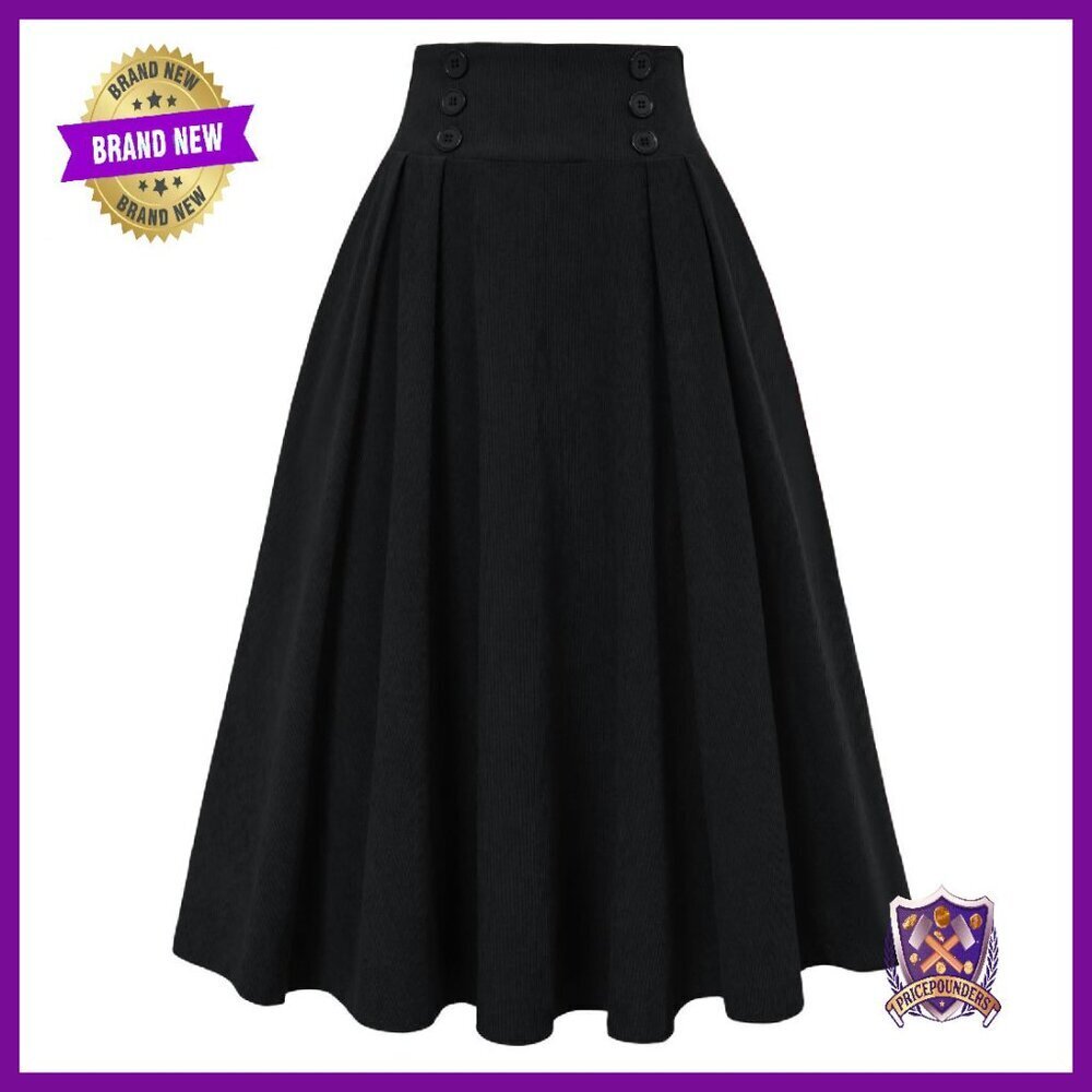 Corduroy A-Line Midi Skirt High Waist Flared Swing Pleated